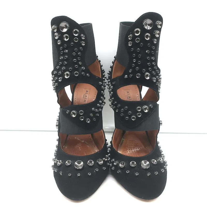 Alaia Cutout Booties Schwarz Nieten Wildleder Größe 39 High Heel Knöchelstiefel
