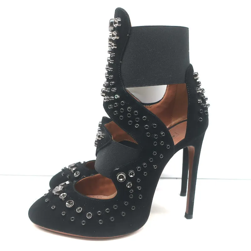 Alaia Cutout Booties Schwarz Nieten Wildleder Größe 39 High Heel Knöchelstiefel