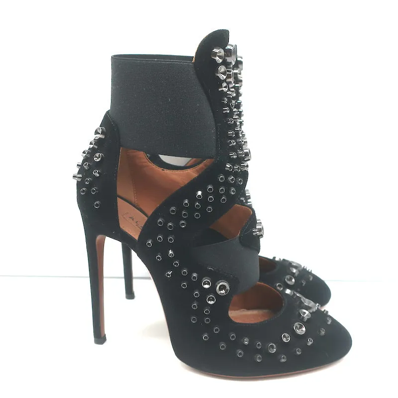 Alaia Cutout Booties Schwarz Nieten Wildleder Größe 39 High Heel Knöchelstiefel