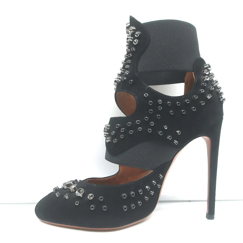Alaia Cutout Booties Schwarz Nieten Wildleder Größe 39 High Heel Knöchelstiefel