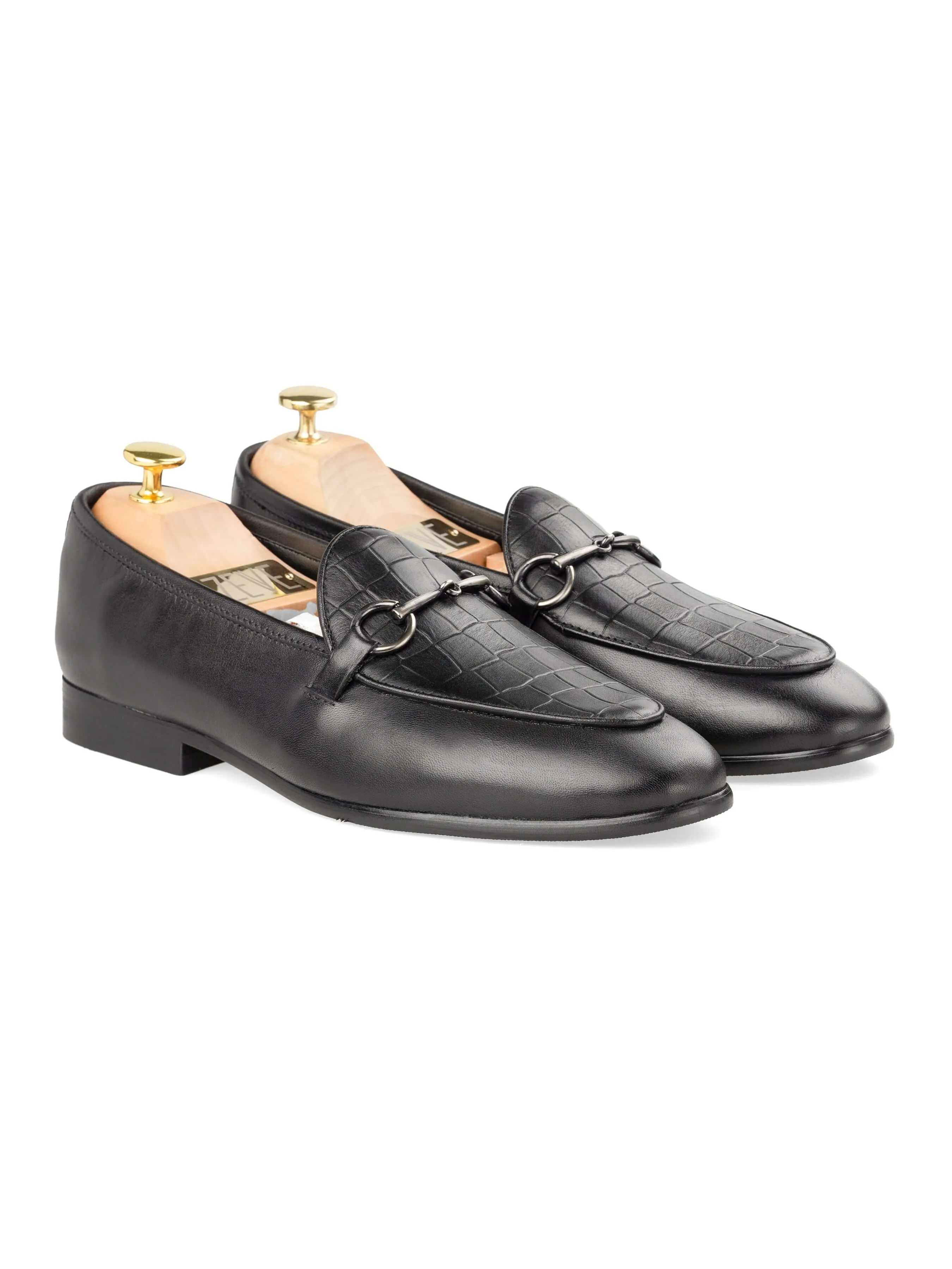 Belgischer Loafer mit Pferdebit-Verschluss - Einfarbig Schwarz & Kroko (Silberner Verschluss)