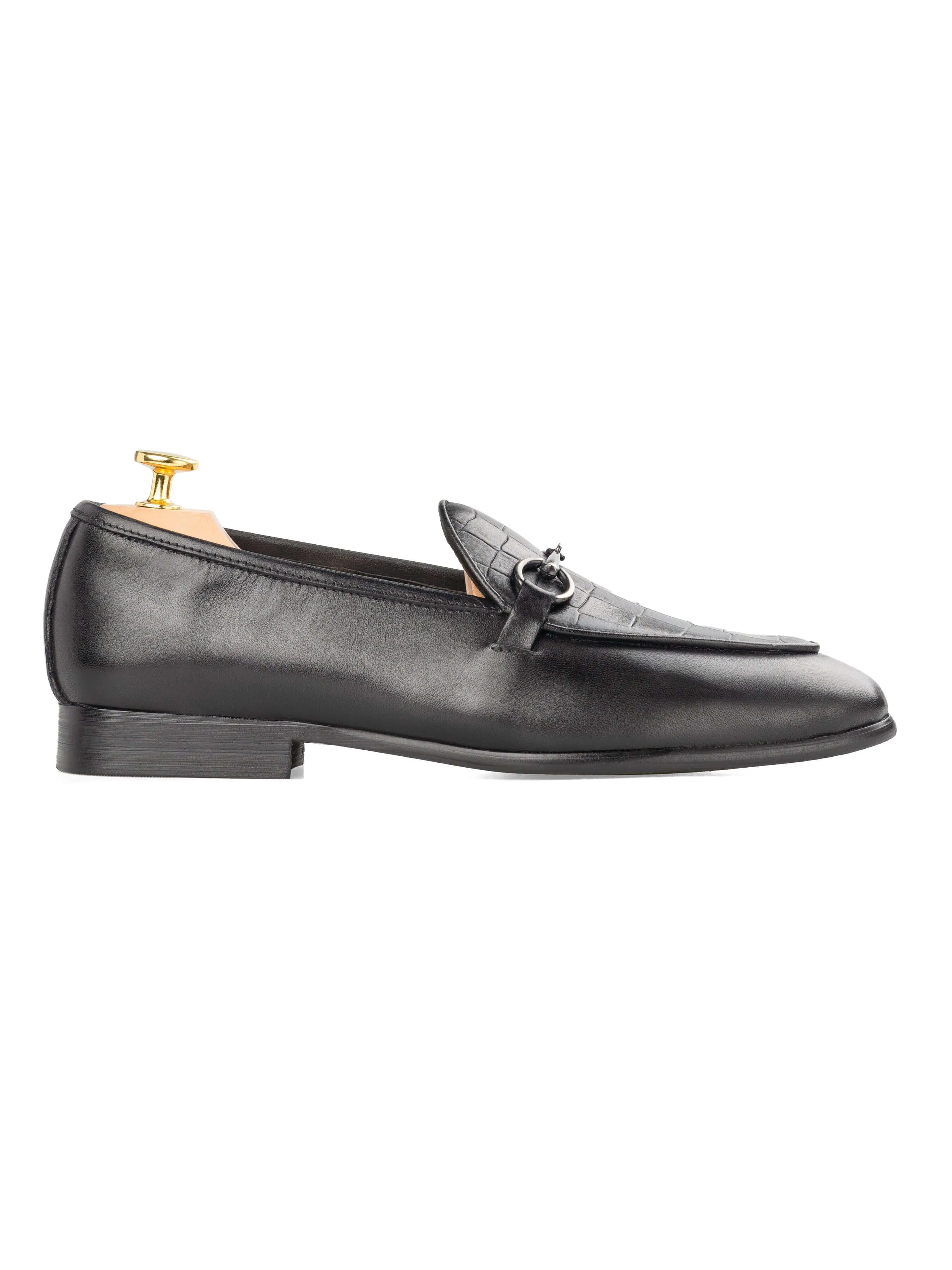 Belgischer Loafer mit Pferdebit-Verschluss - Einfarbig Schwarz & Kroko (Silberner Verschluss)