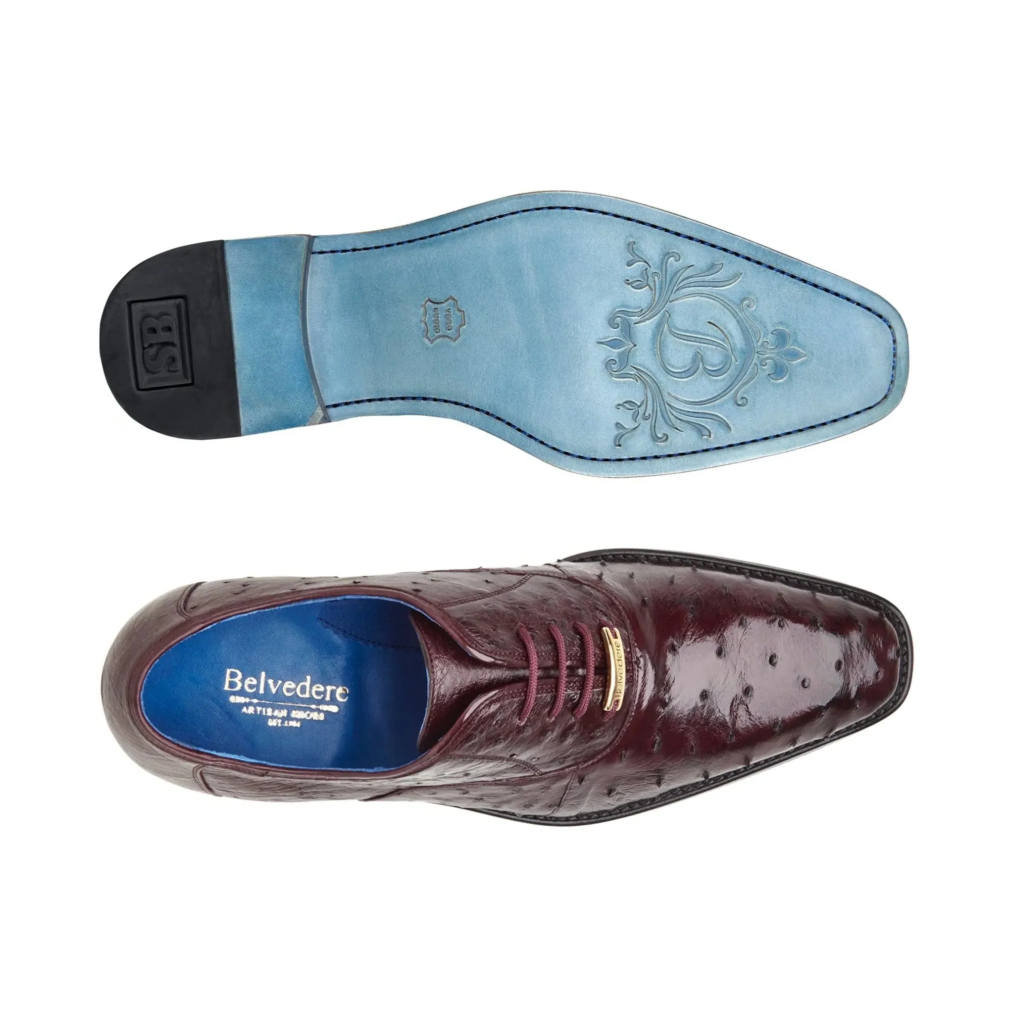 Belvedere Exotische Leder Schuhe Belvedere Orlando in Dunkelburgunder Echtem Straußenfeder Oxford