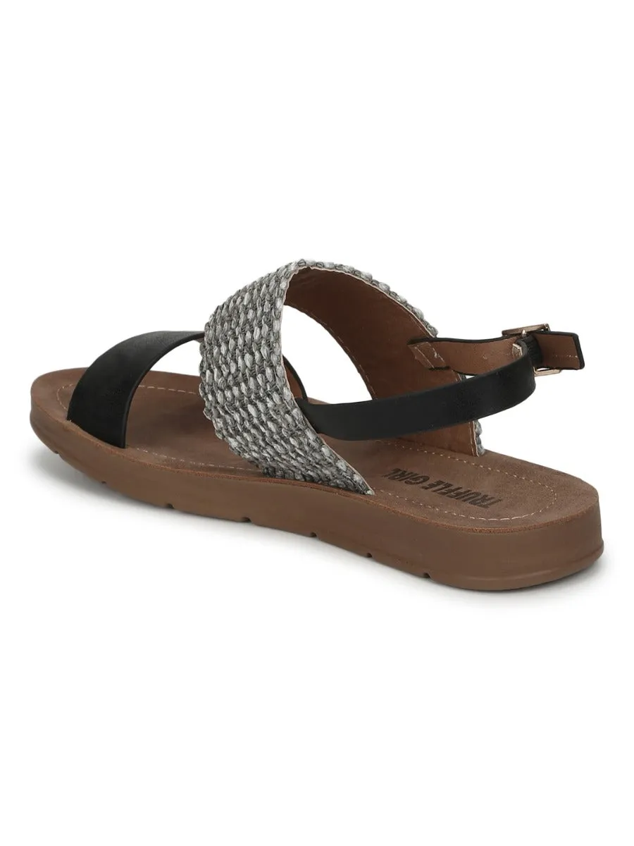 Schwarze PU Flache Sandalen mit Rückengurt