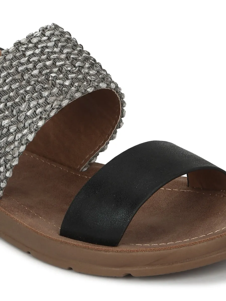 Schwarze PU Flache Sandalen mit Rückengurt