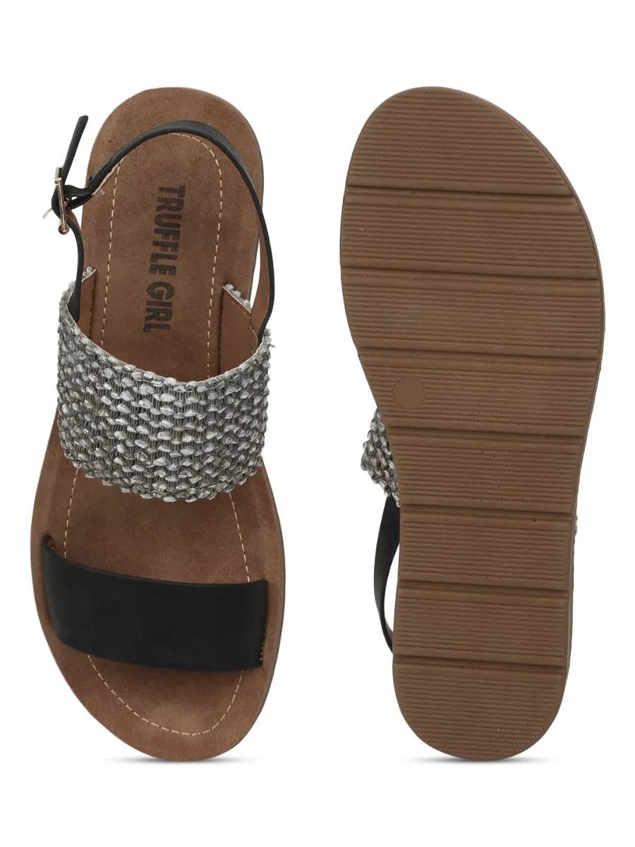 Schwarze PU Flache Sandalen mit Rückengurt