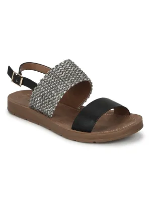 Schwarze PU Flache Sandalen mit Rückengurt