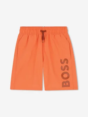 BOSS Boys Logo Print Badeshorts in Orange