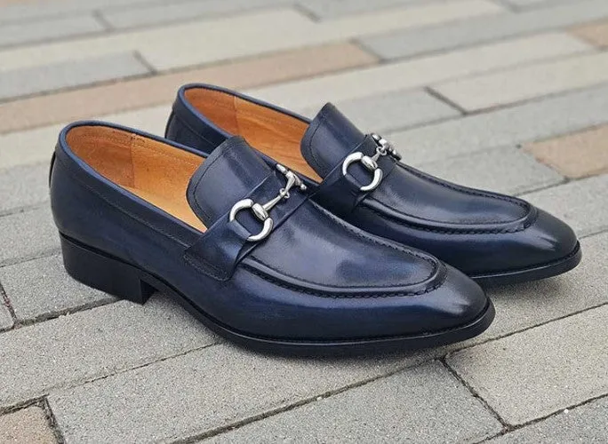 Blauer Glattleder-Slip-On-Loafer