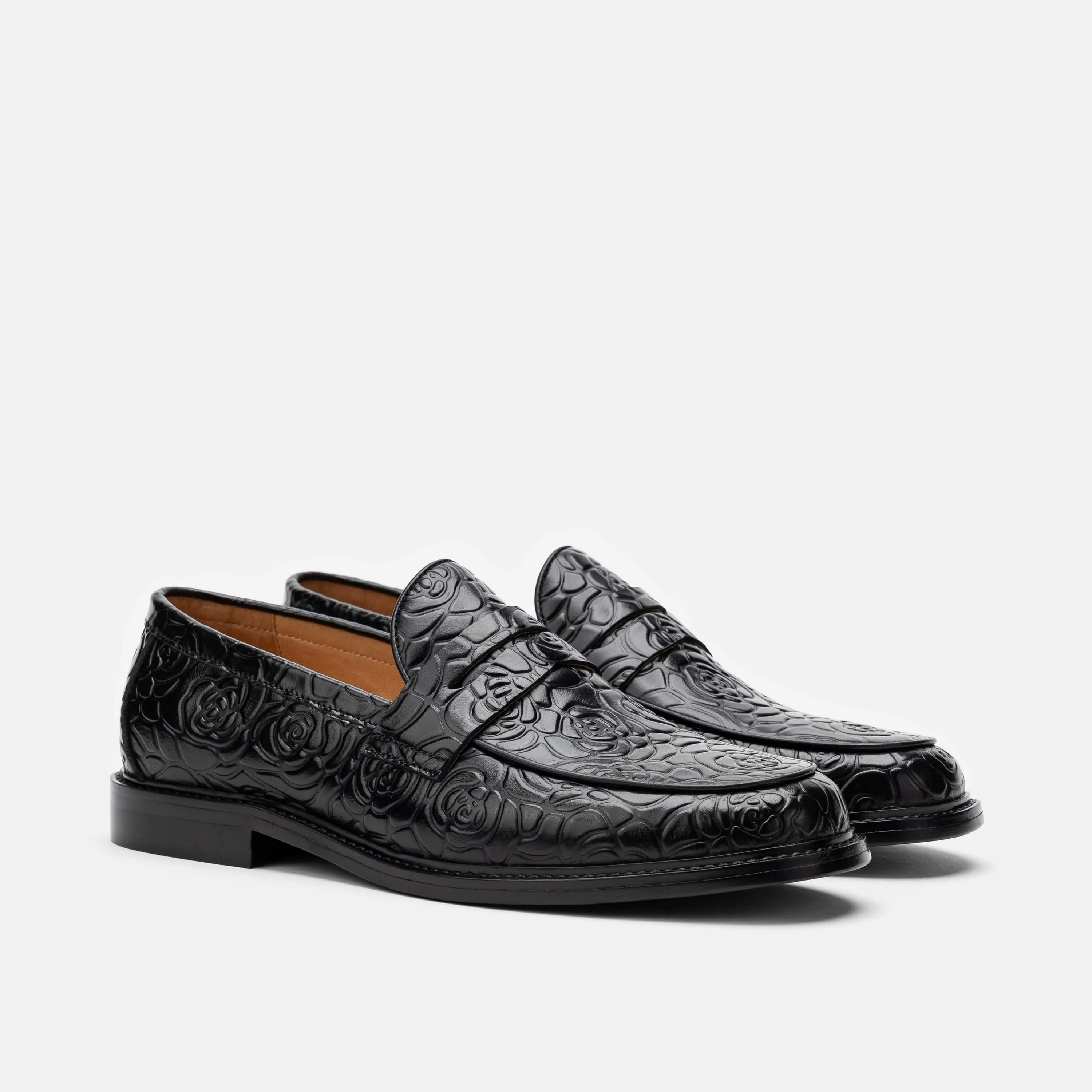 Calum Schwarze Blumen-Penny-Loafer aus Leder