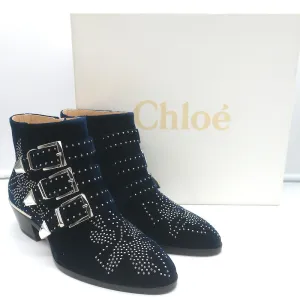 Chloe Susanna Steppede Samt Knöchelstiefel Marine Größe 35.5 Schnallen Stiefel NEU