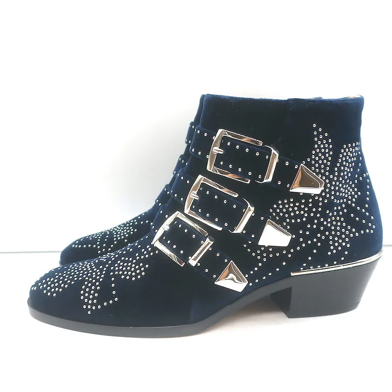 Chloe Susanna Steppede Samt Knöchelstiefel Marine Größe 35.5 Schnallen Stiefel NEU