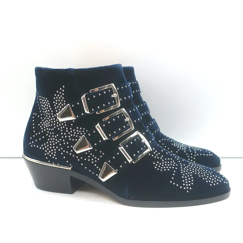 Chloe Susanna Steppede Samt Knöchelstiefel Marine Größe 35.5 Schnallen Stiefel NEU
