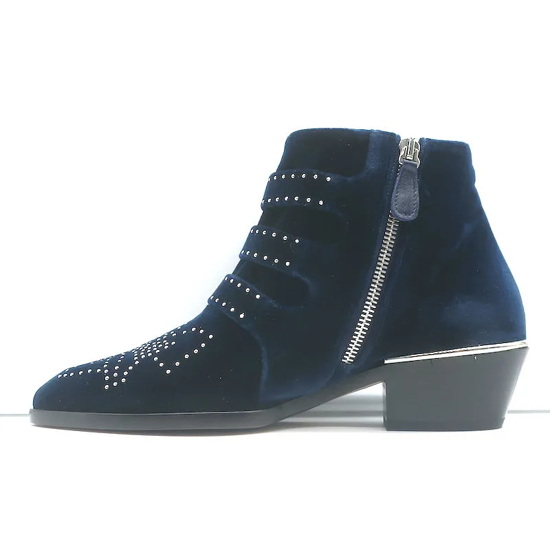 Chloe Susanna Steppede Samt Knöchelstiefel Marine Größe 35.5 Schnallen Stiefel NEU