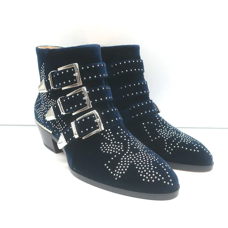 Chloe Susanna Steppede Samt Knöchelstiefel Marine Größe 35.5 Schnallen Stiefel NEU