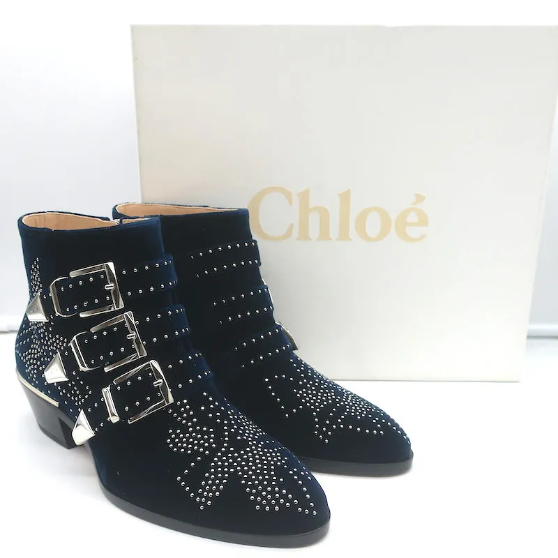 Chloe Susanna Steppede Samt Knöchelstiefel Marine Größe 35.5 Schnallen Stiefel NEU