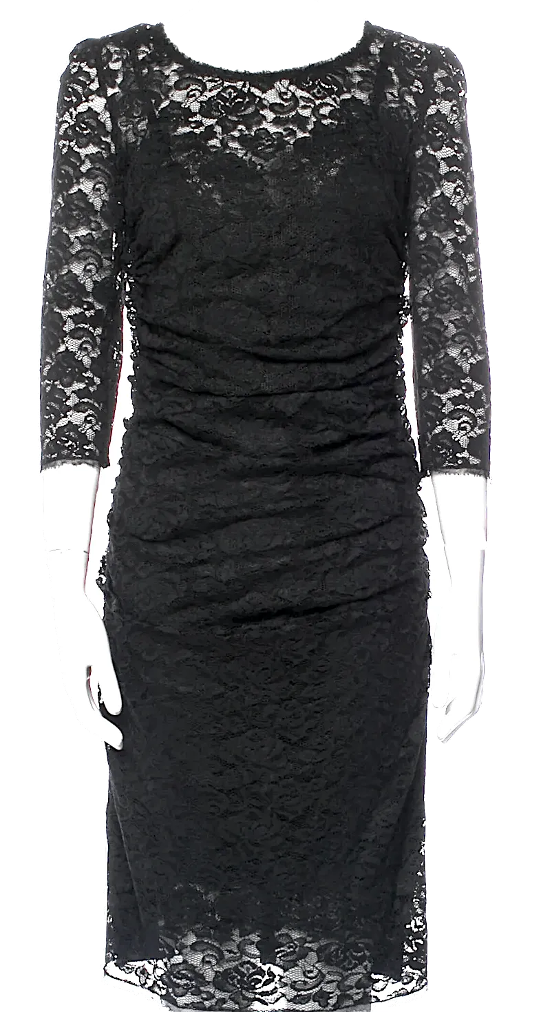 Dolce & Gabbana Italien. Schwarzes 3/4-Ärmel Spitzenmuster Rüschenkleid