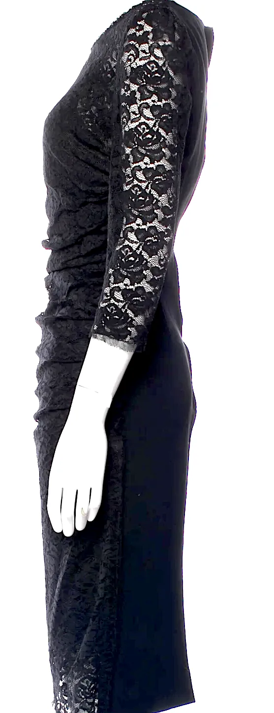 Dolce & Gabbana Italien. Schwarzes 3/4-Ärmel Spitzenmuster Rüschenkleid