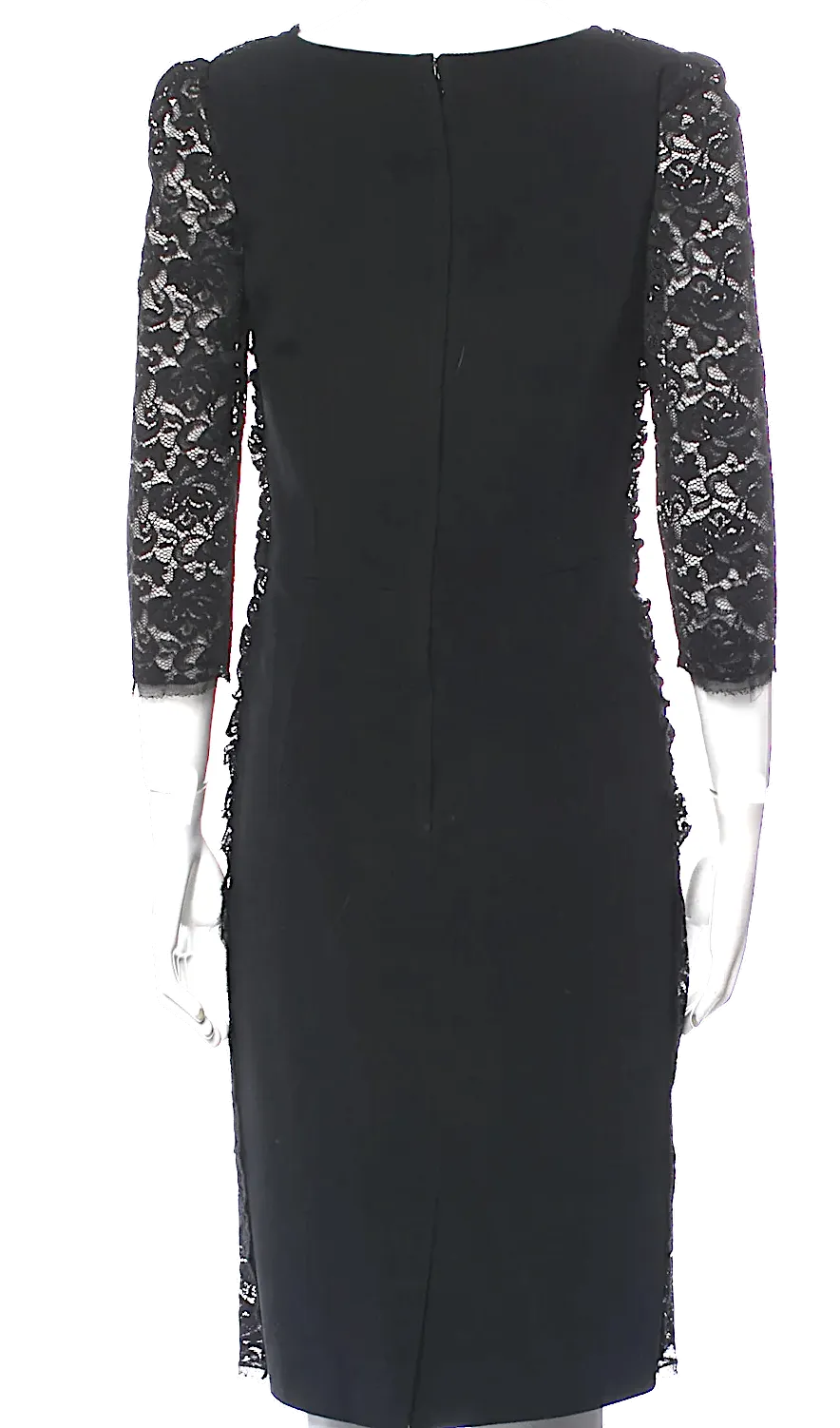 Dolce & Gabbana Italien. Schwarzes 3/4-Ärmel Spitzenmuster Rüschenkleid