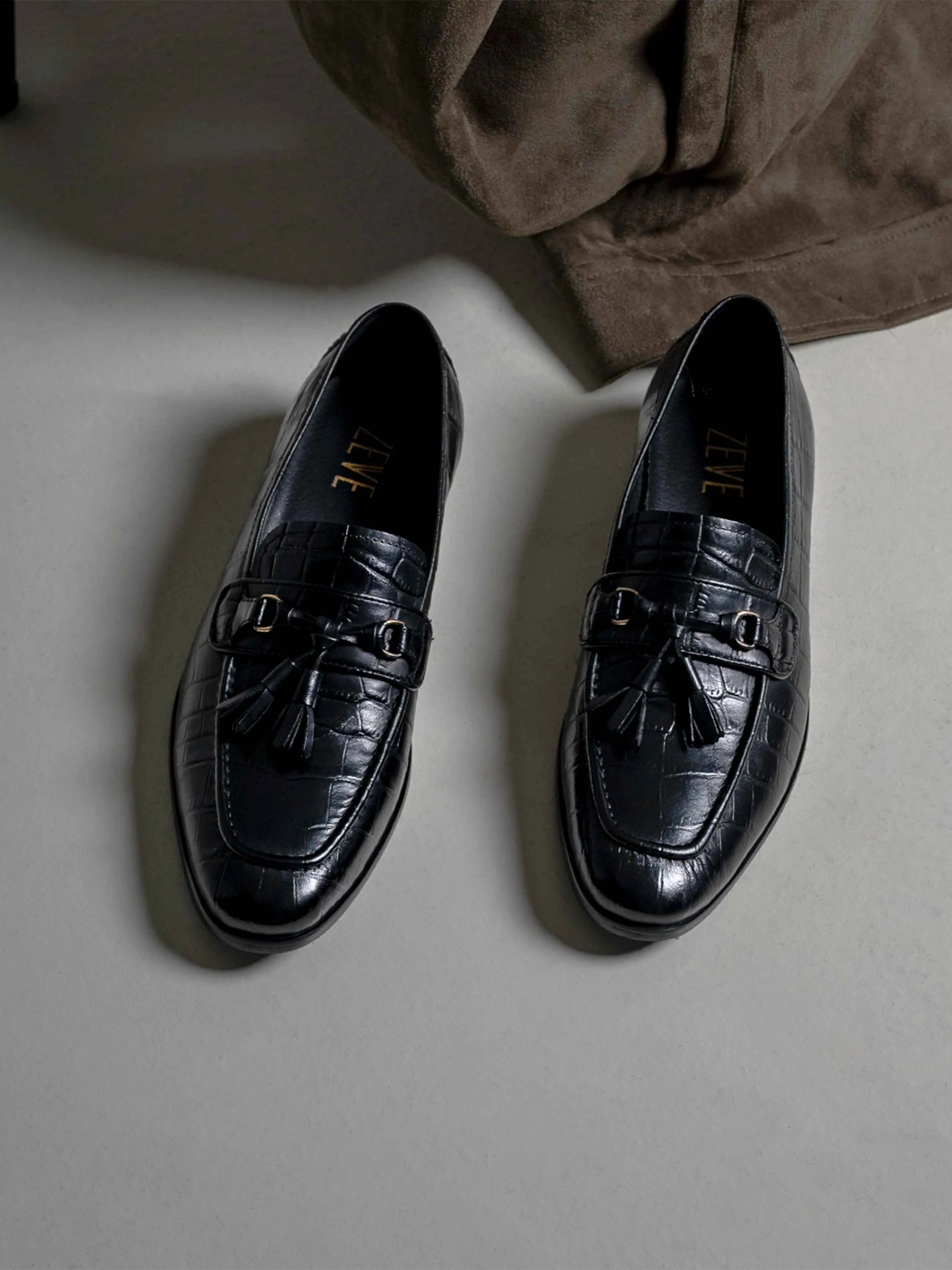 Elvio Tassel Loafer - Schwarzes Glattleder mit Krokoprägung