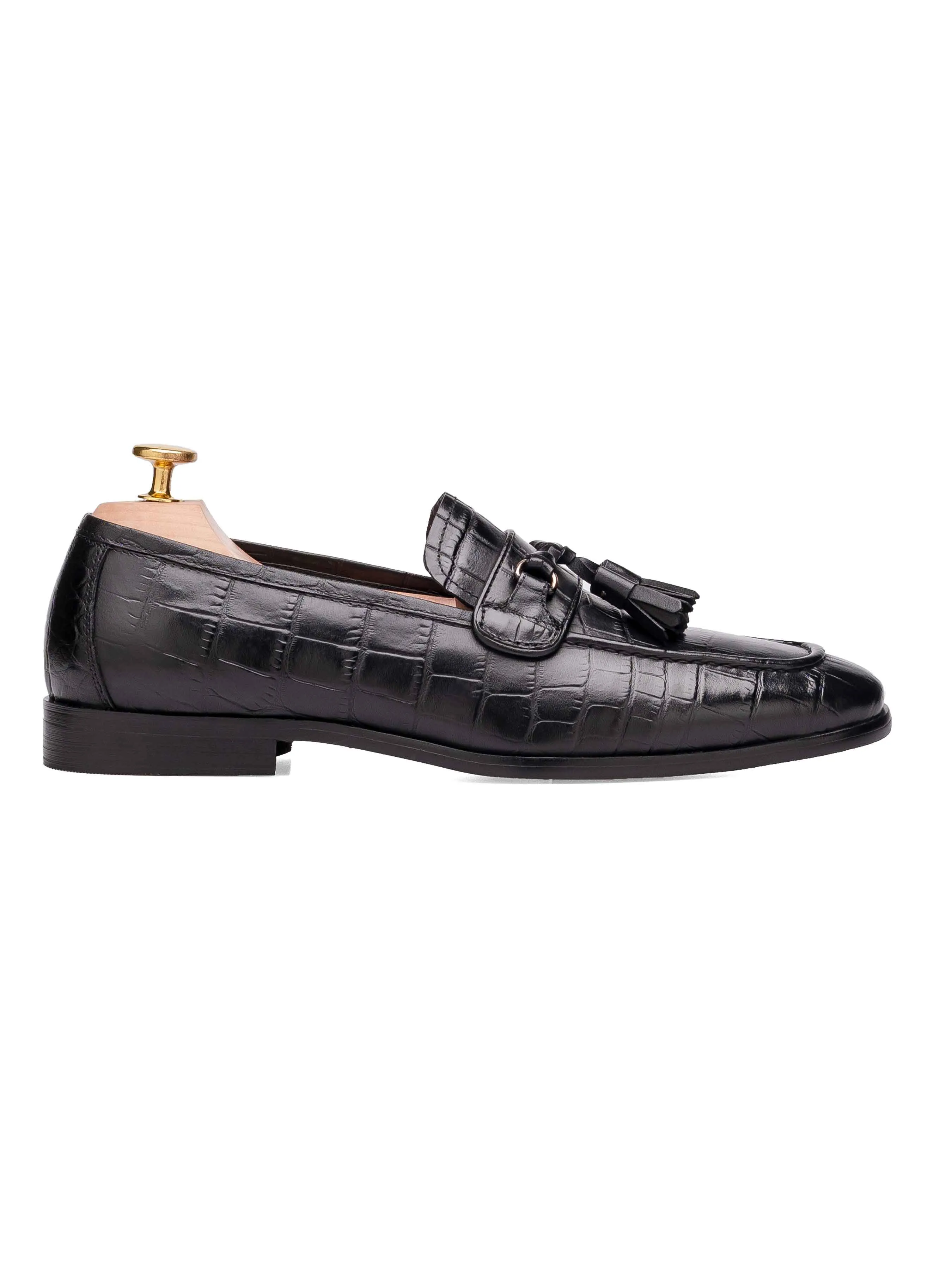Elvio Tassel Loafer - Schwarzes Glattleder mit Krokoprägung