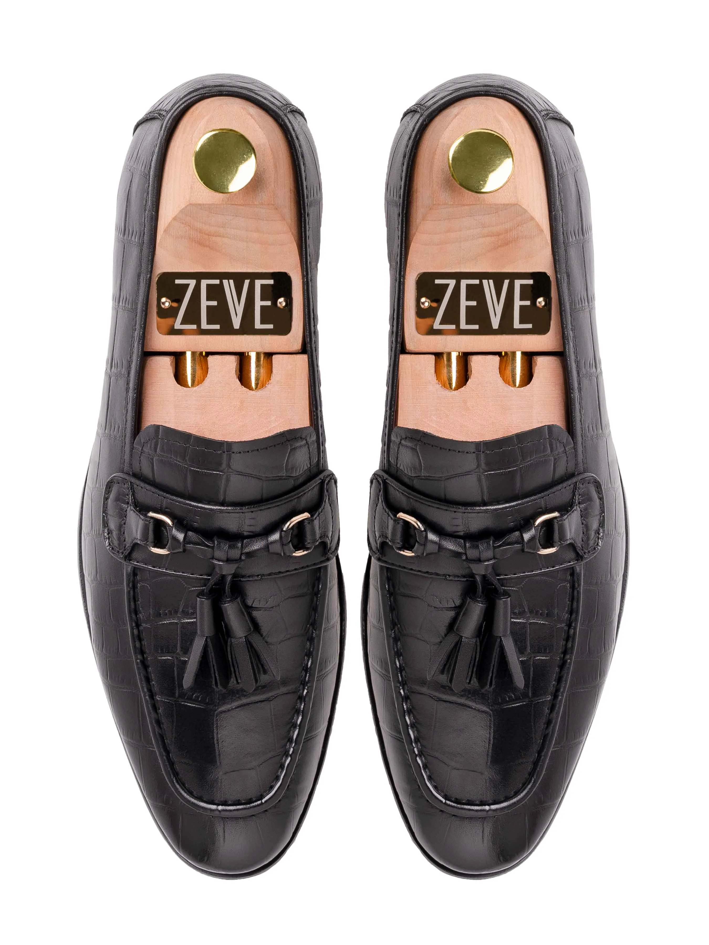 Elvio Tassel Loafer - Schwarzes Glattleder mit Krokoprägung