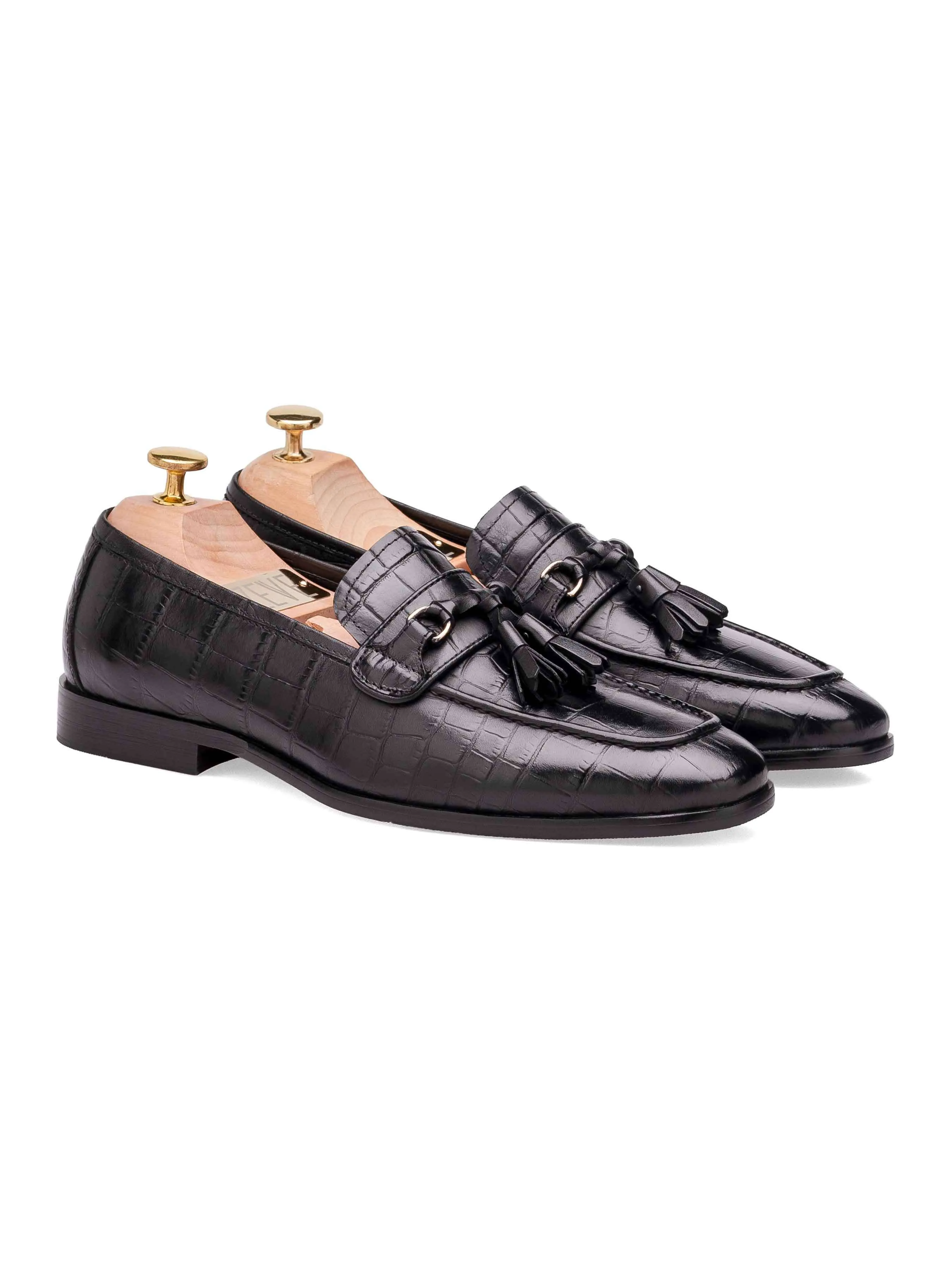 Elvio Tassel Loafer - Schwarzes Glattleder mit Krokoprägung