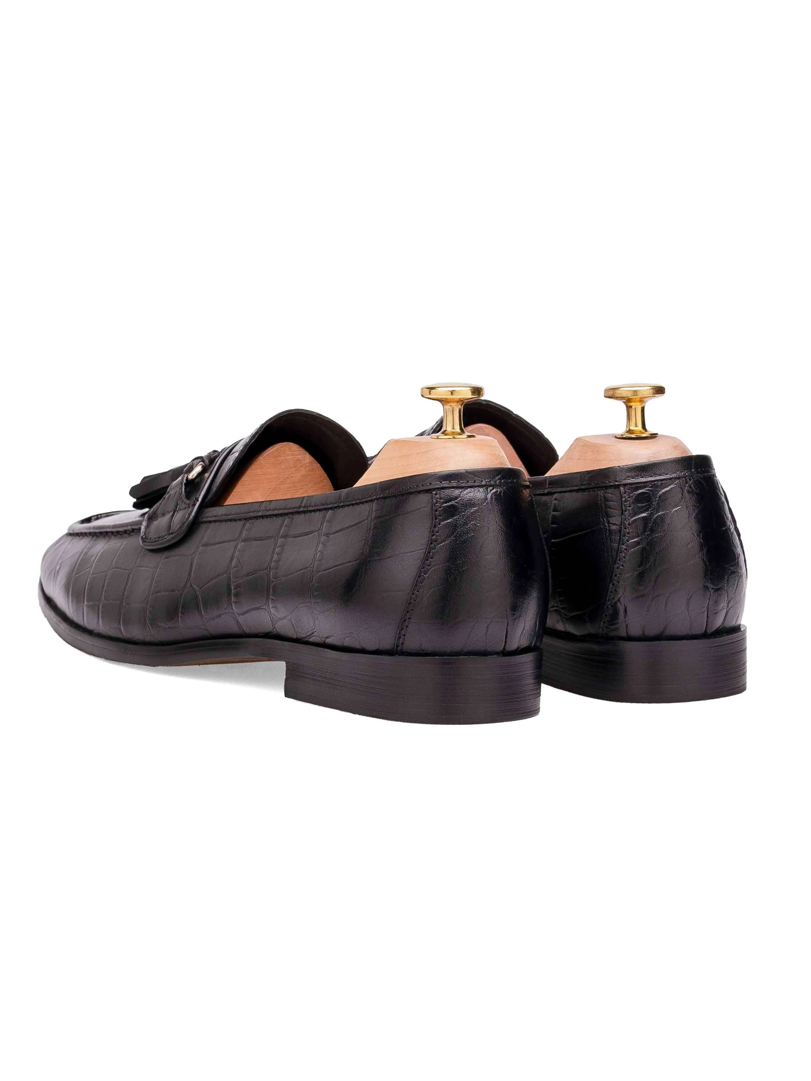 Elvio Tassel Loafer - Schwarzes Glattleder mit Krokoprägung