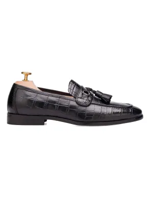 Elvio Tassel Loafer - Schwarzes Glattleder mit Krokoprägung