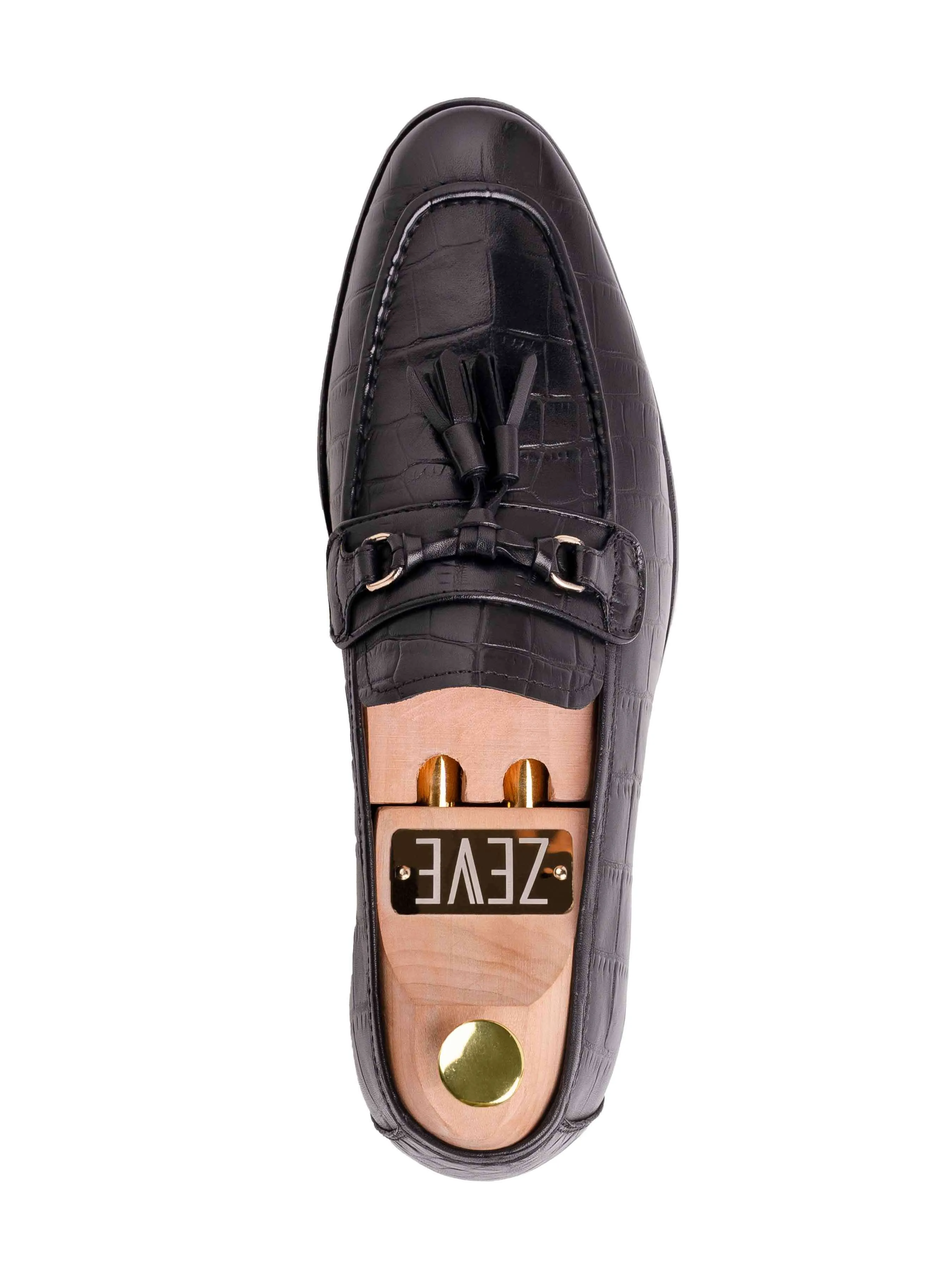 Elvio Tassel Loafer - Schwarzes Glattleder mit Krokoprägung