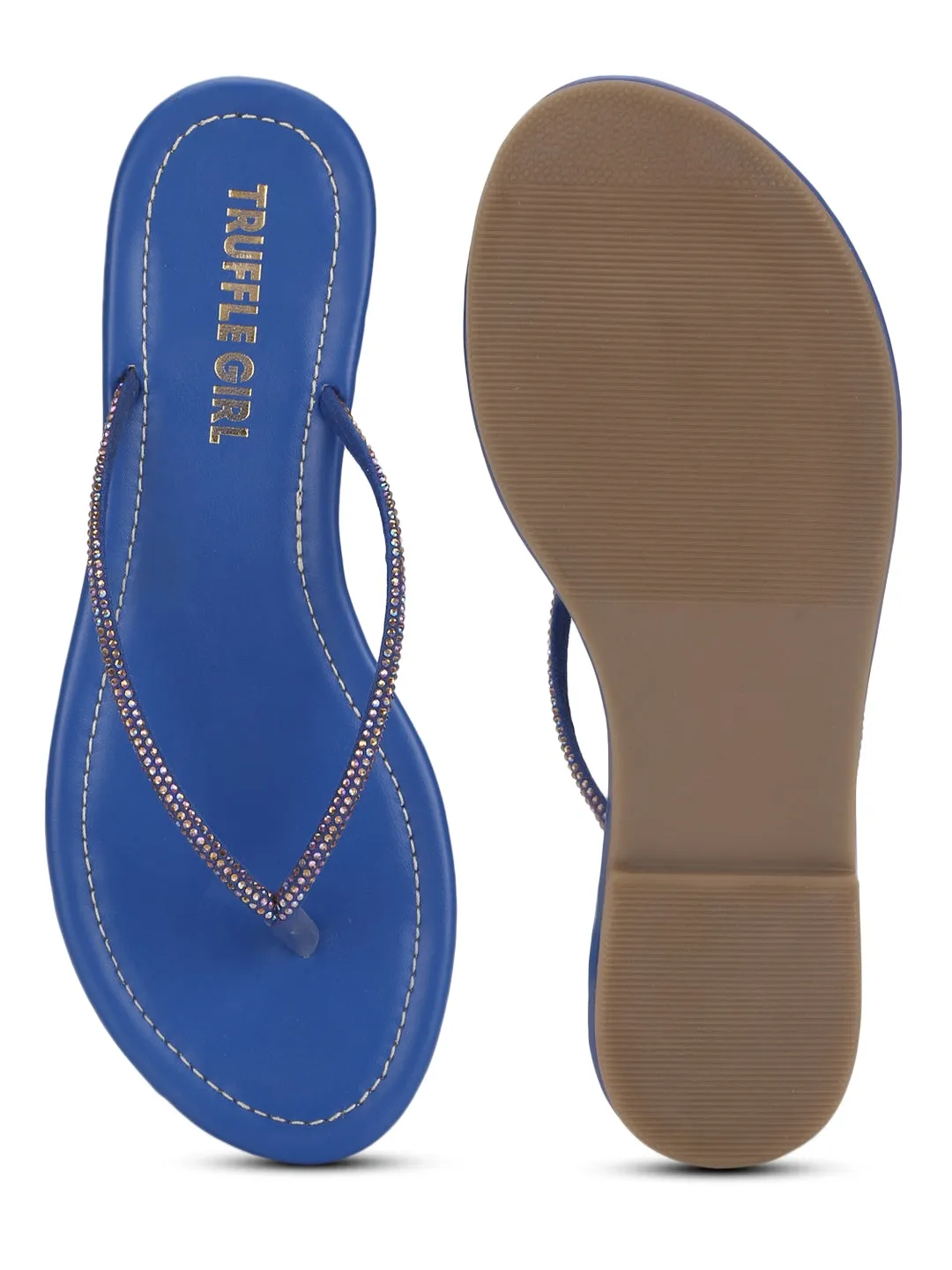 Verzierte blaue PU-Slip-On-Flatsandalen