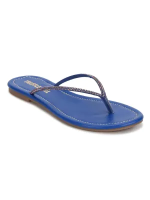 Verzierte blaue PU-Slip-On-Flatsandalen