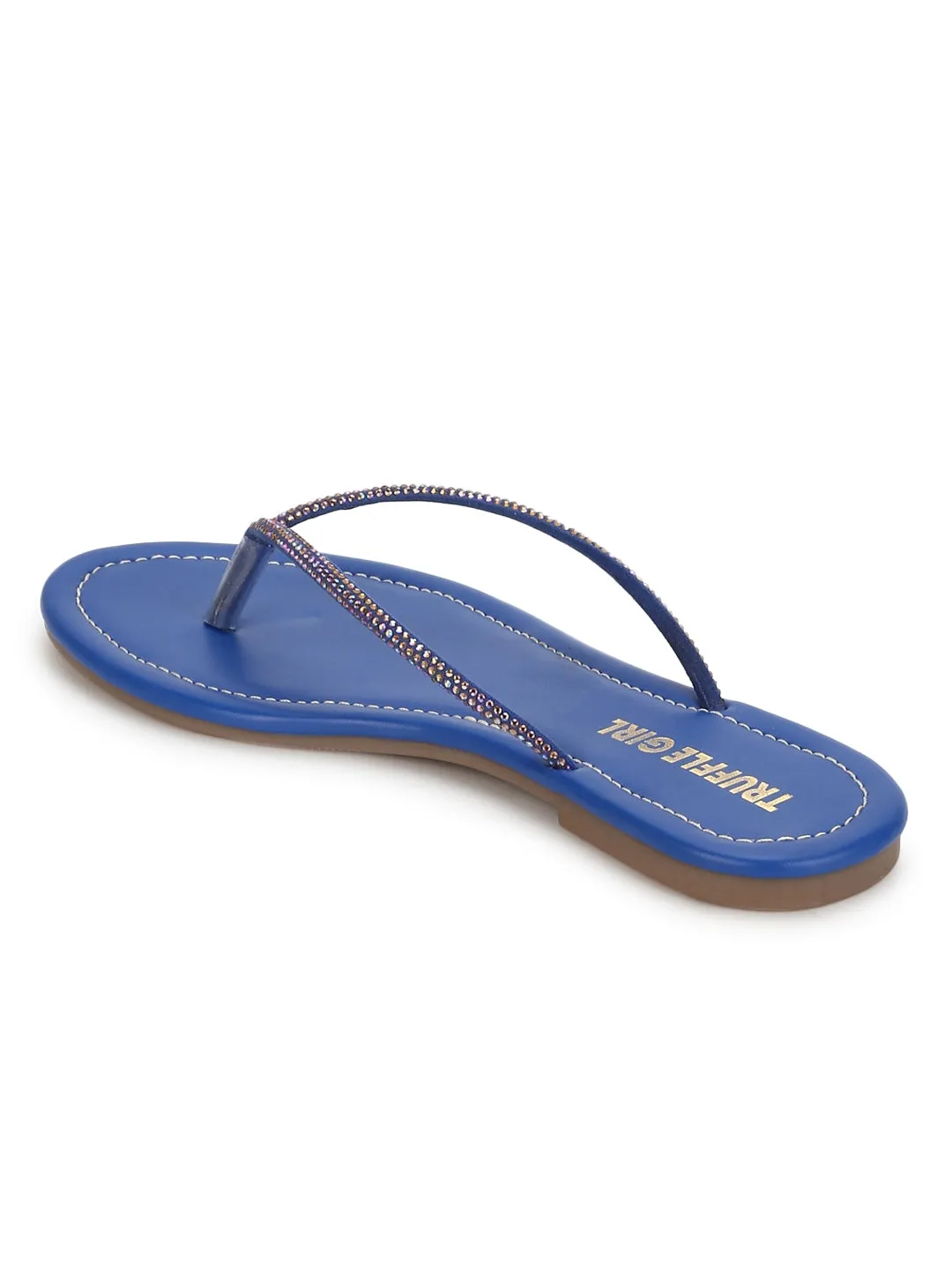Verzierte blaue PU-Slip-On-Flatsandalen