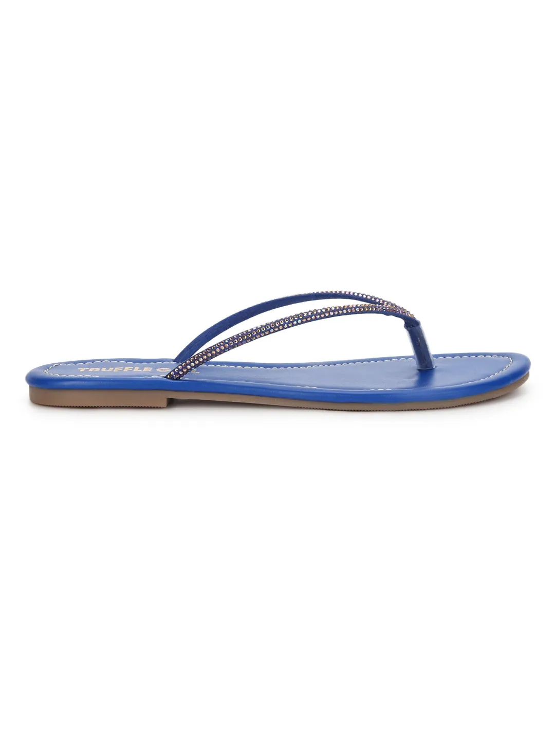 Verzierte blaue PU-Slip-On-Flatsandalen