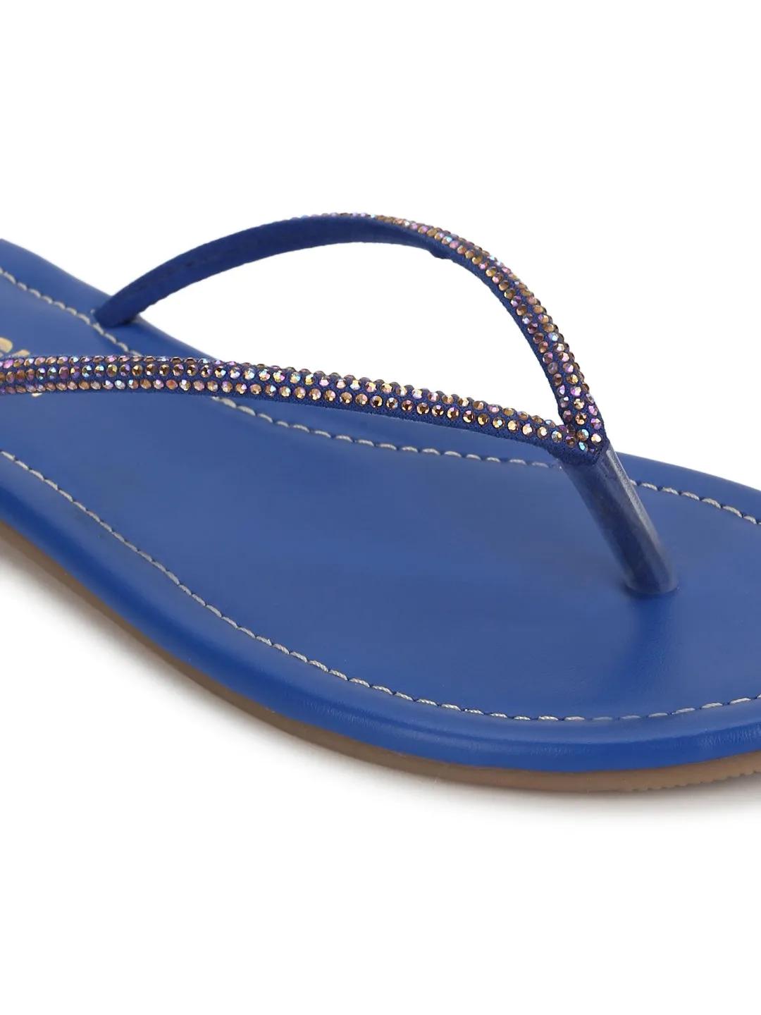 Verzierte blaue PU-Slip-On-Flatsandalen