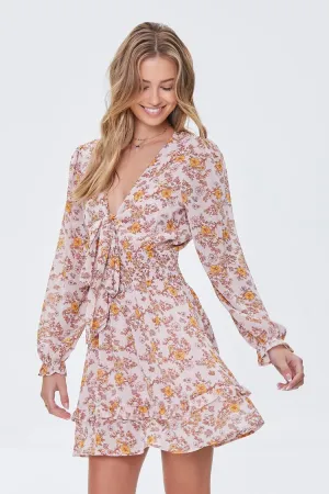 Forever 21 Damen Blumenmuster Bauernärmel-Kleid Taupe/Mehrfarbig Forever 21