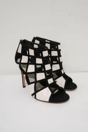 Gianvito Rossi Stiefeletten mit geometrischen Ausschnitten Schwarz Wildleder & Weiß Leder Größe 36.5