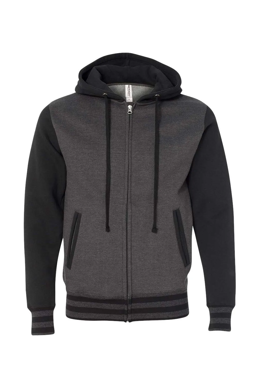 Independent Trading Company Herren Varsity Full-Zip Kapuzenpullover mit Taschen - Heather Charcoal Grau/Schwarz