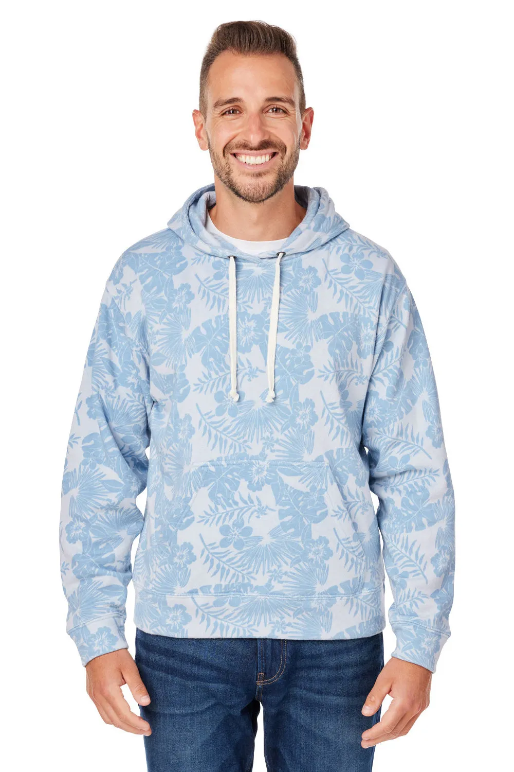 J America Herren Fleece Kapuzenpullover Hoodie mit Kangaroo-Tasche - Chambray Blau Aloha