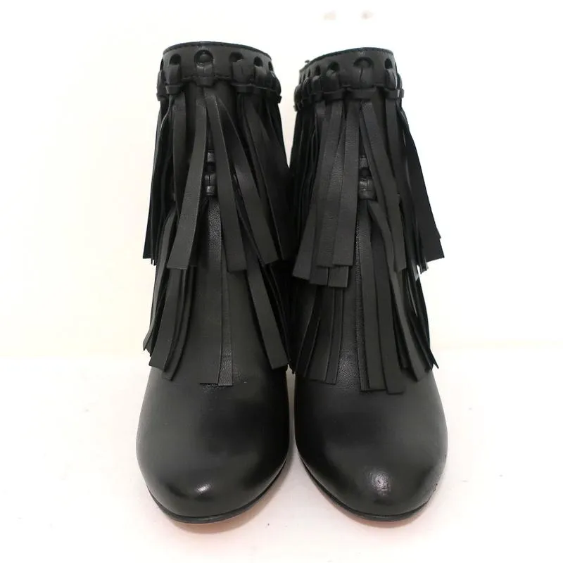 Jimmy Choo Fransen Stiefeletten Mala Schwarz Leder Größe 35 High Heel Knöchelstiefel