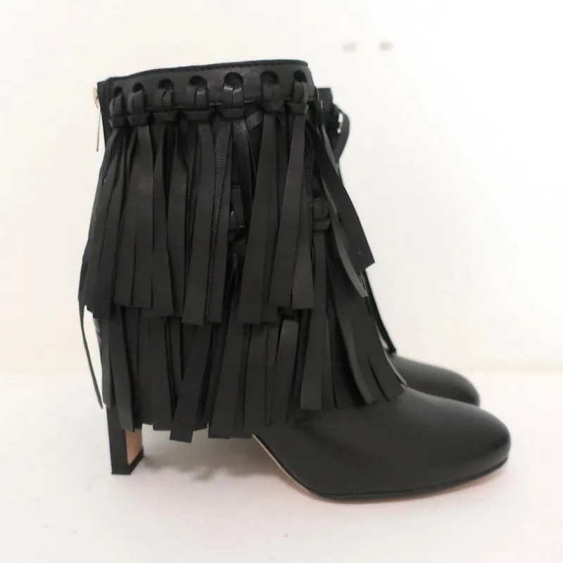 Jimmy Choo Fransen Stiefeletten Mala Schwarz Leder Größe 35 High Heel Knöchelstiefel