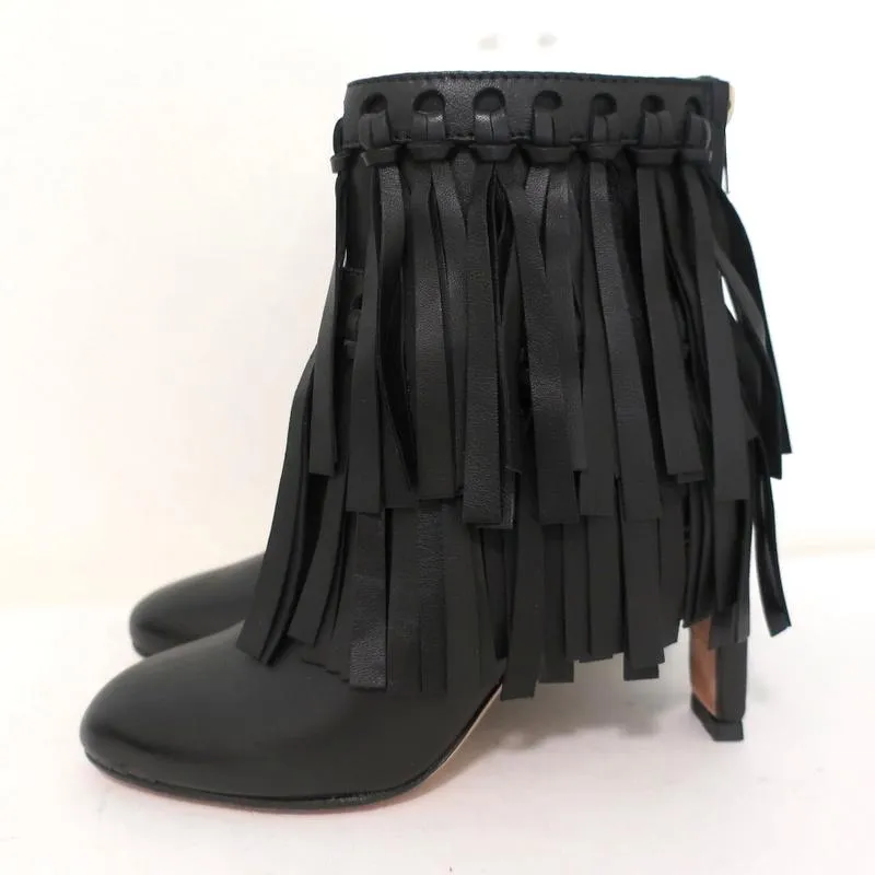 Jimmy Choo Fransen Stiefeletten Mala Schwarz Leder Größe 35 High Heel Knöchelstiefel