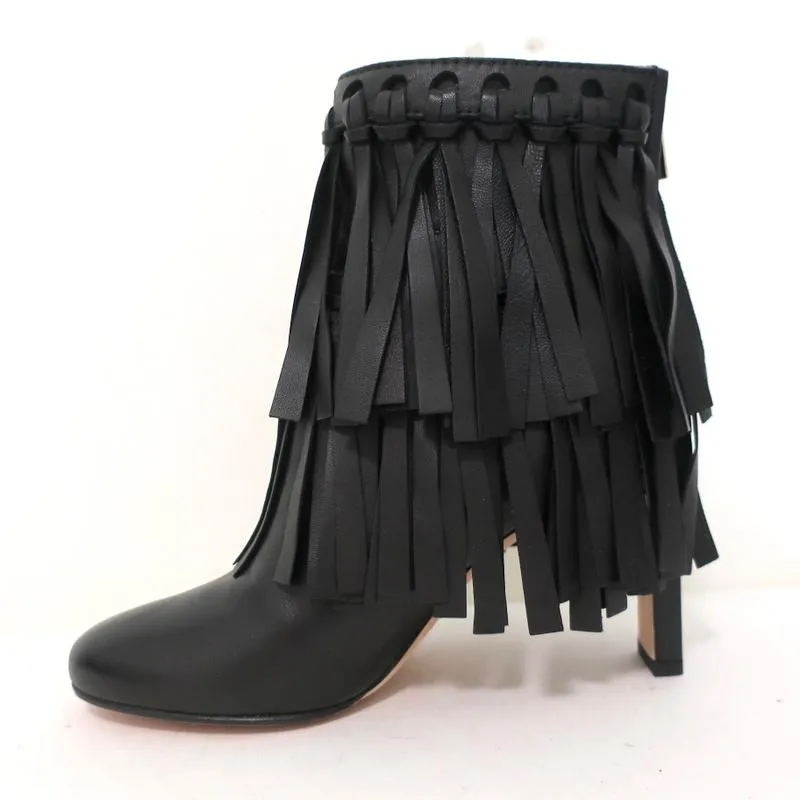Jimmy Choo Fransen Stiefeletten Mala Schwarz Leder Größe 35 High Heel Knöchelstiefel