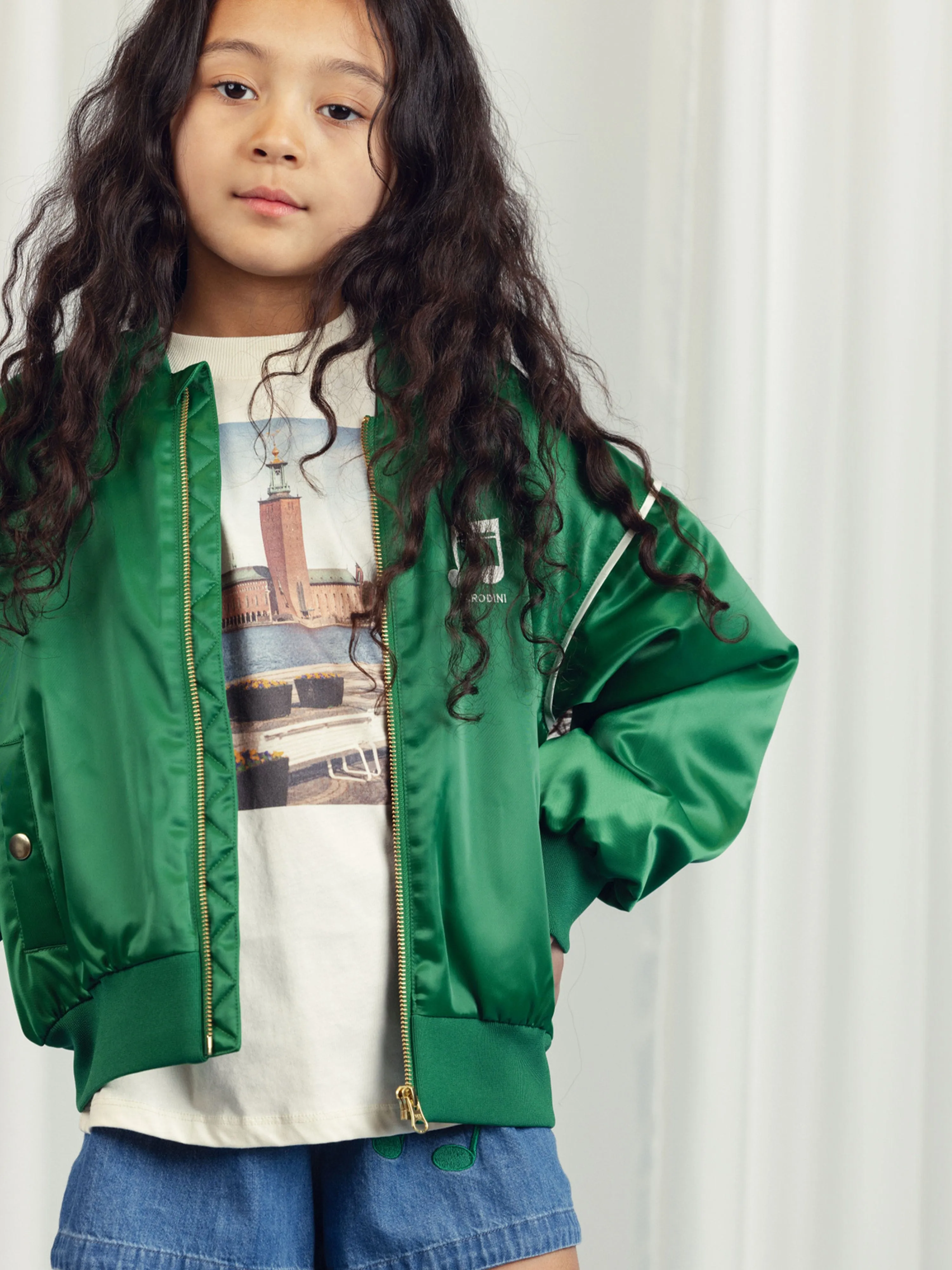 Kids Note Chenille Satin Baseballjacke in Grün