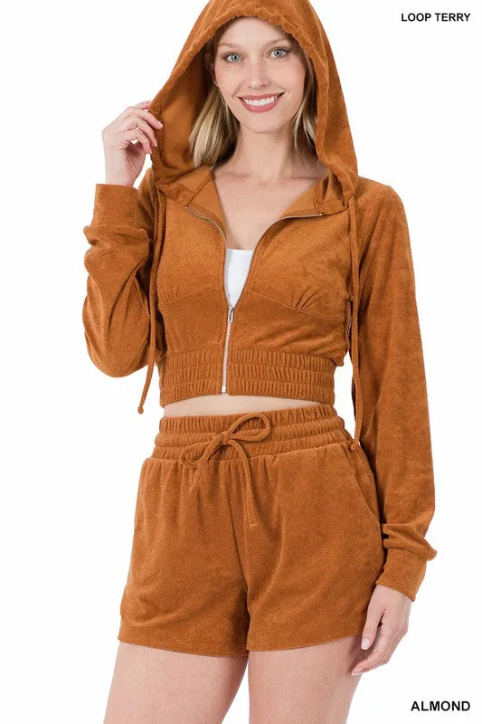 LOOP TERRY ZIP-UP CROPPED HOODIE & SHORTS SET