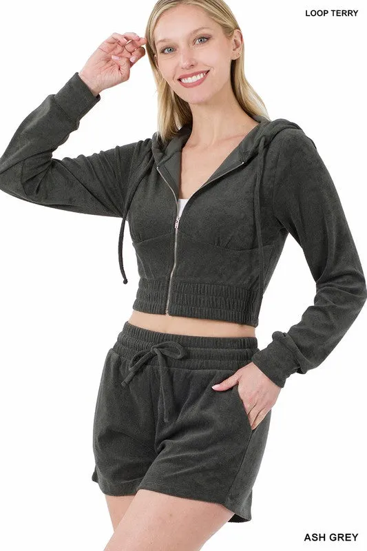 LOOP TERRY ZIP-UP CROPPED HOODIE & SHORTS SET
