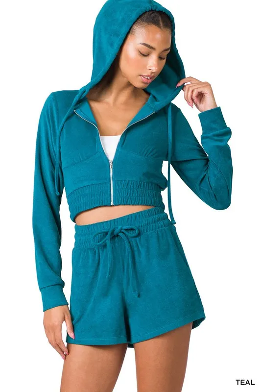 LOOP TERRY ZIP-UP CROPPED HOODIE & SHORTS SET