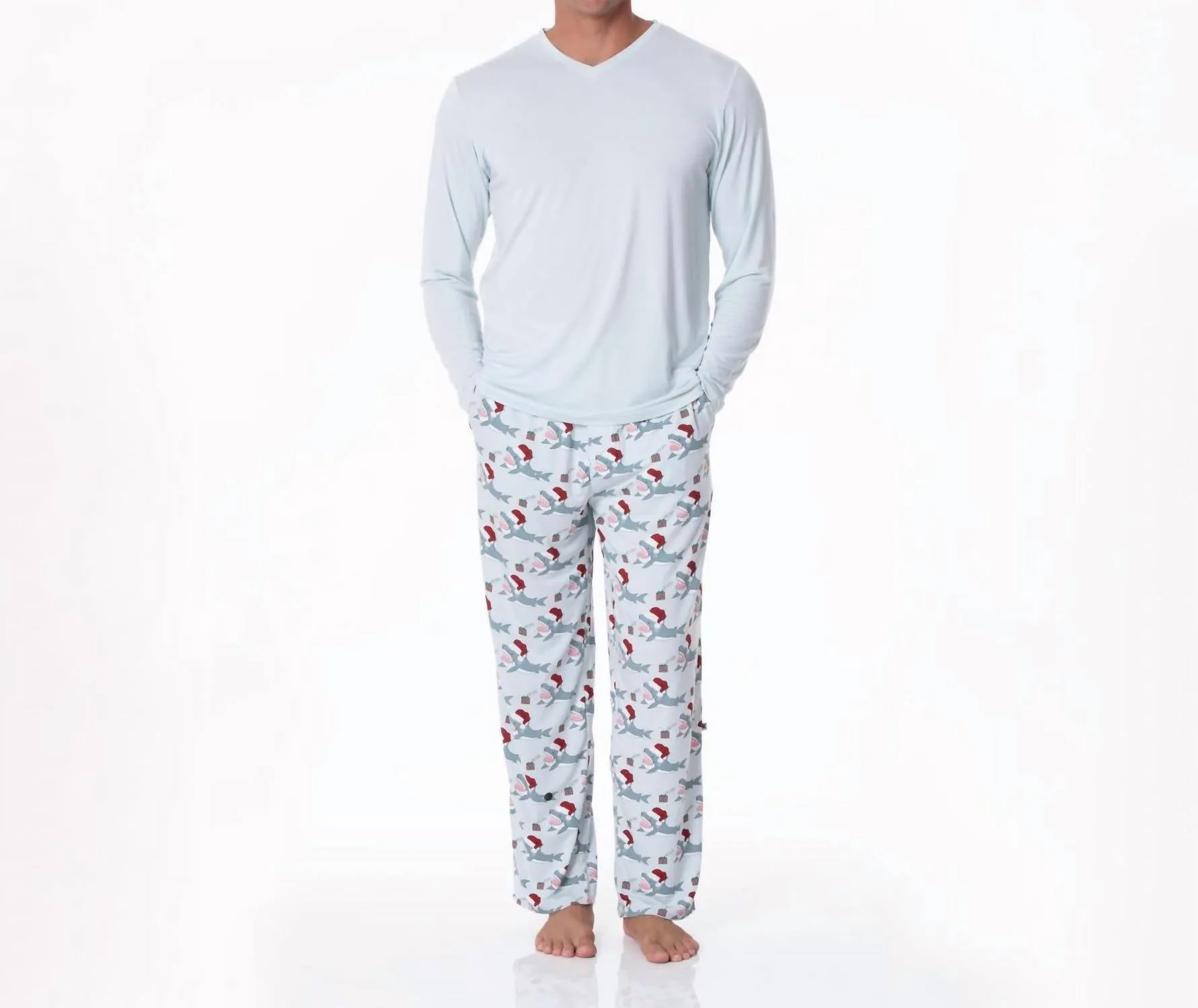Herren-Pyjama-Hose mit Druck in Illusion Blue Holiday Sharks
