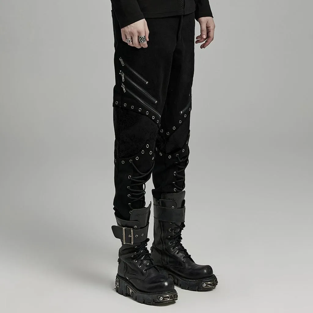 Herren Punk Riemchen Kunstleder Splice Reißverschluss Hose