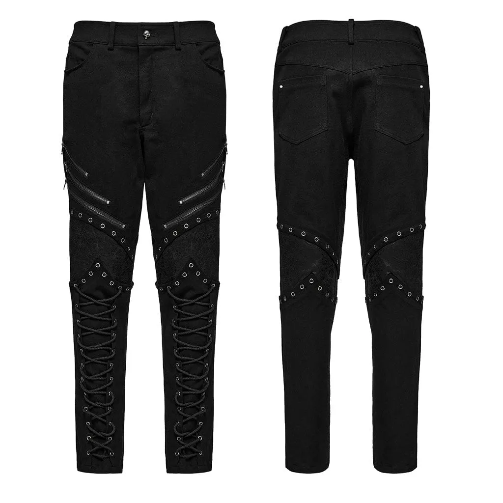 Herren Punk Riemchen Kunstleder Splice Reißverschluss Hose